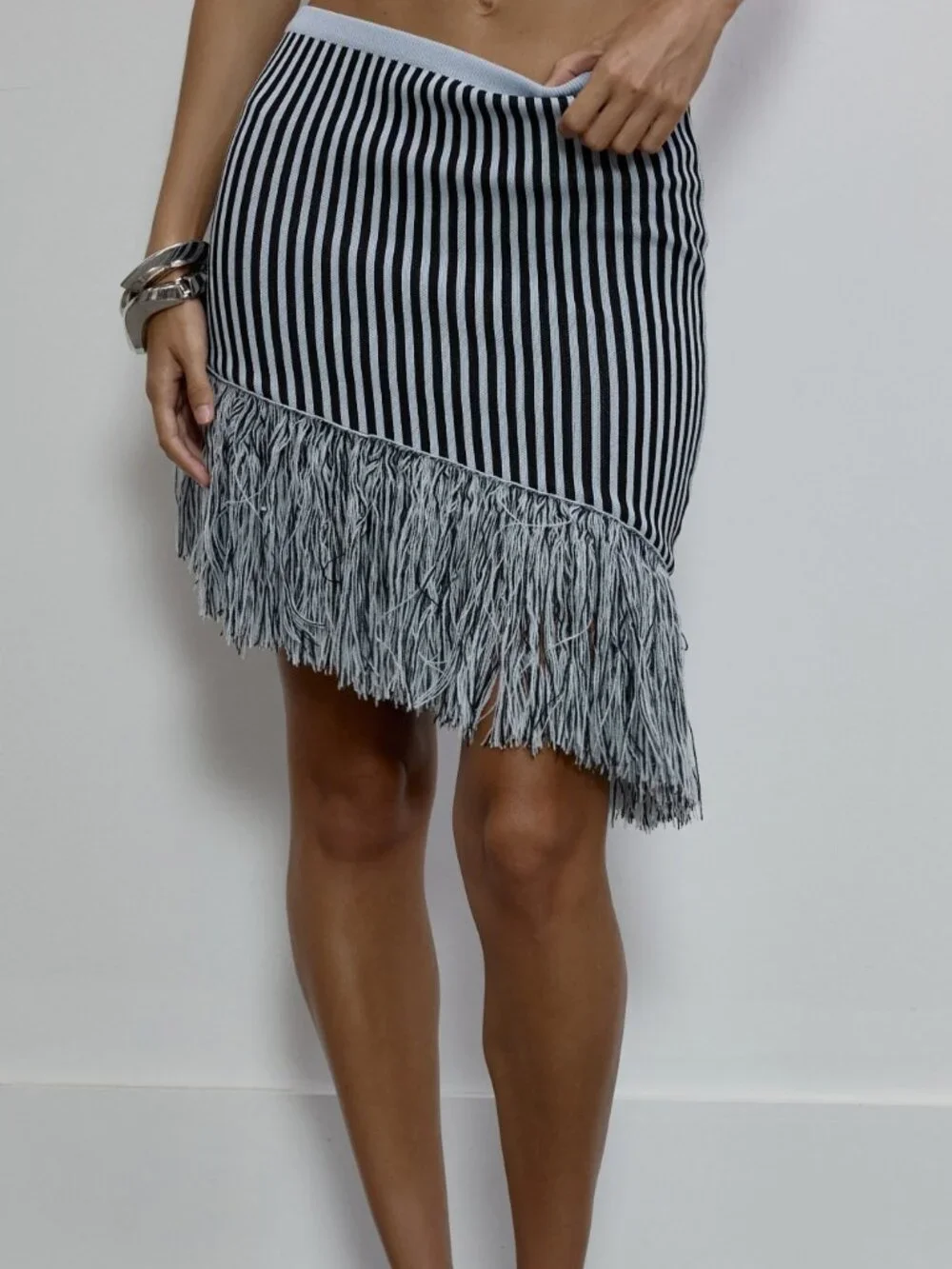 Multicolor Elegant Women's Stripe Asymmetric Tassel Hem Midi Skirt